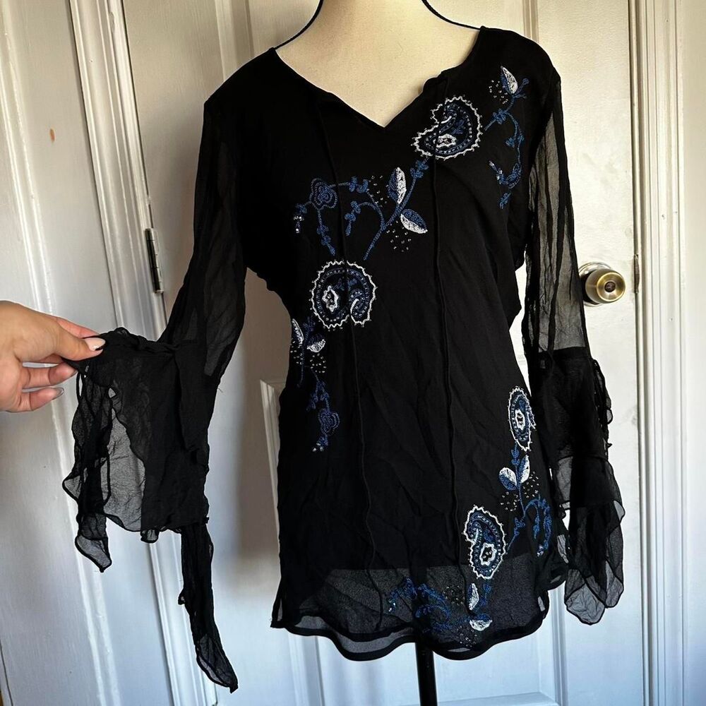 Dressbarn Women's Black Blue Paisley Silk Blouse, M Witchy Dark Fairy Boho